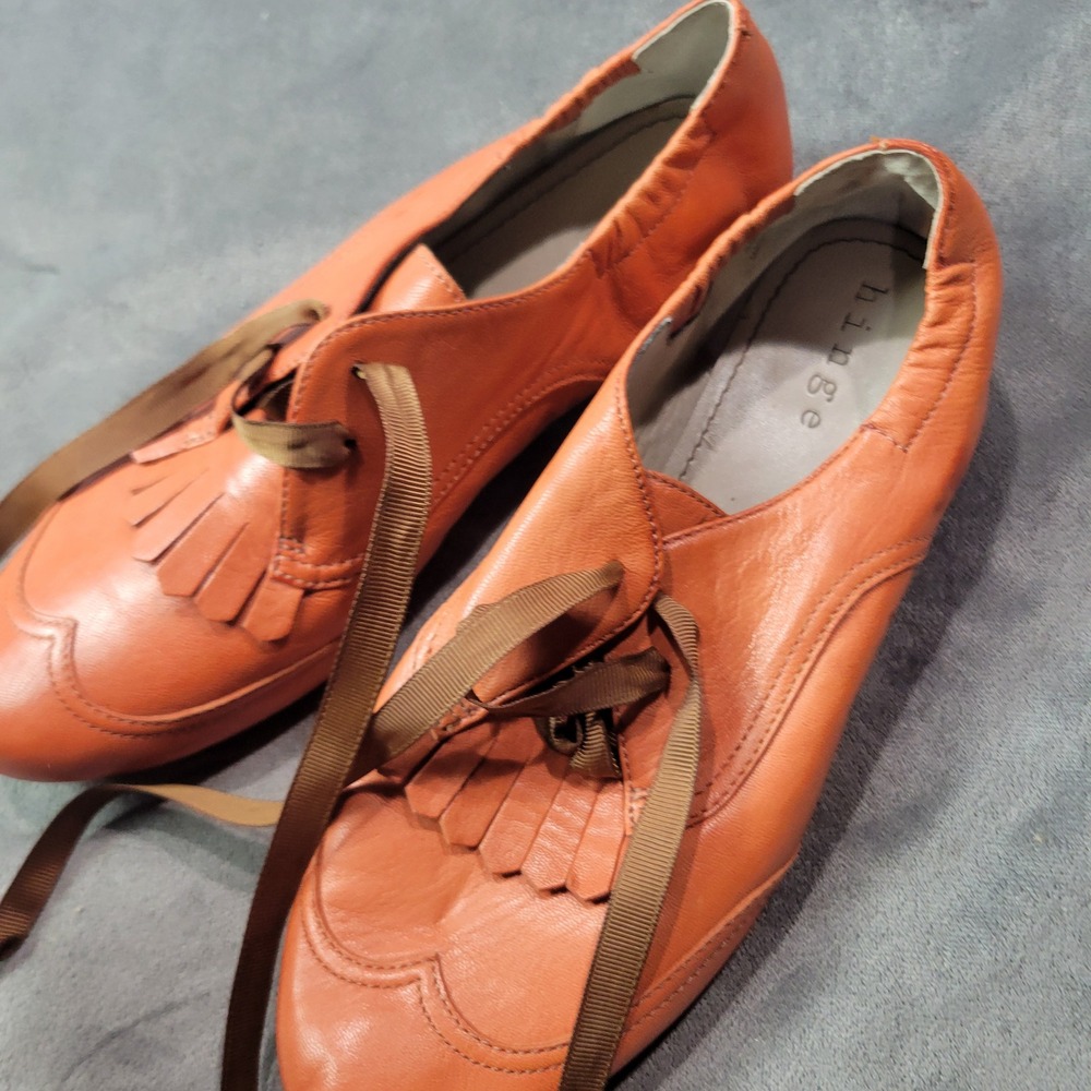 Hinge Burnt Orange Leather Kiltie Wingtip Oxford Ribbon Lace Flats‎ Womens 7M